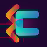 Abstract E logo with orange curved arrow on left pointing right and turquoise E shape on right against dark purple background
